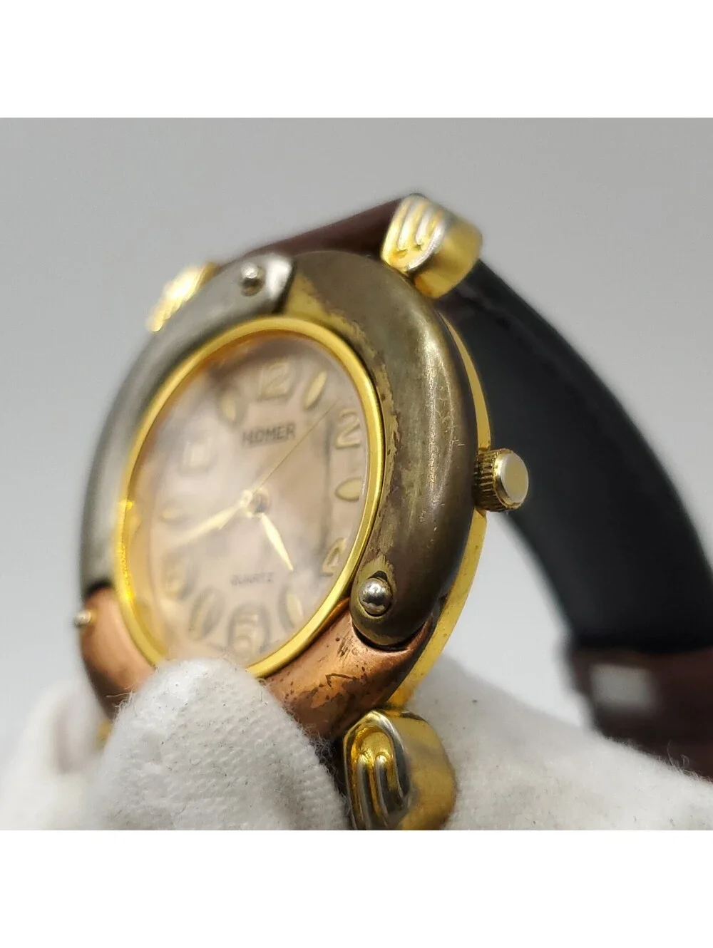 Homer Quartz Three Tone Bezel Watch New Battery 33mm Brown Leather Band